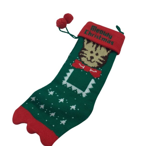 Vtg Christmas Knitted Cat Stocking Pom Poms "Meowy Christmas Text 15” Green Red - Picture 4 of 5